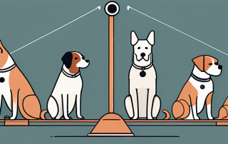 Several different breeds of dogs standing next to a large scale balance