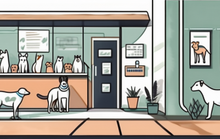 A veterinary clinic with various animals waiting in line