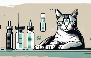 A domestic cat sitting calmly on a vet's examination table