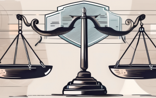 A balanced scale with legal documents on one side and a shield symbolizing insurance on the other side