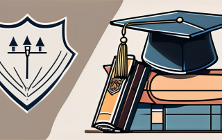 A stack of law books next to a graduation cap and a shield