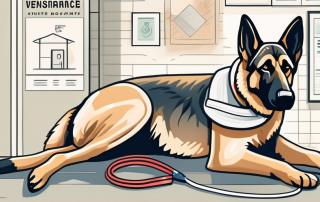 A german shepherd dog with a bandage on its leg