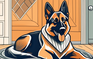 A happy german shepherd dog with a protective shield symbol