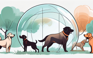 A variety of dogs of different breeds playing happily in a park with a sense of protection and safety