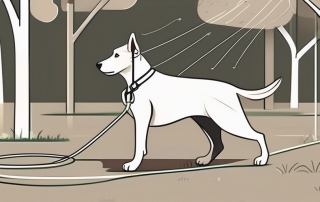 A dog with a leash in a park