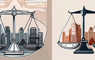 A balance scale with legal documents on one side and a shield representing insurance on the other