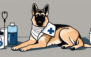 A german shepherd dog wearing a bandage and a collar tag symbolizing health and liability insurance