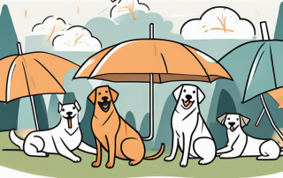 Several happy dogs of different breeds playing in a park