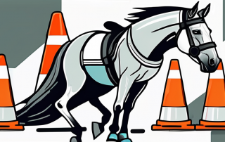 A horse with safety gear like a helmet and protective vest