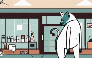 A worried pet (such as a dog or cat) with a thermometer in its mouth