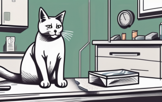 A cat sitting on a vet examination table with an x-ray machine nearby