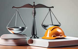 A pair of scales balancing a safety helmet (symbolizing protection) and a risk sign