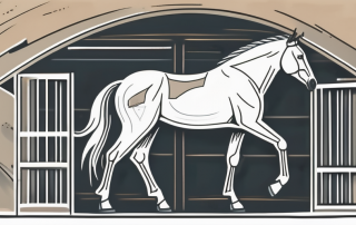 A horse standing majestically in a stable with insurance documents and a protective shield symbol nearby