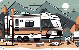 A rv (recreational vehicle) parked in a serene campsite