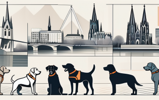 A diverse group of dogs wearing safety vests and tags