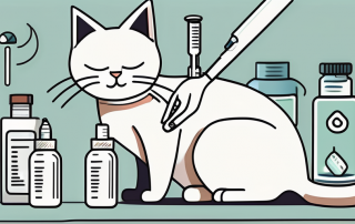 A cat receiving a vaccination with a focus on the syringe and vaccine bottle