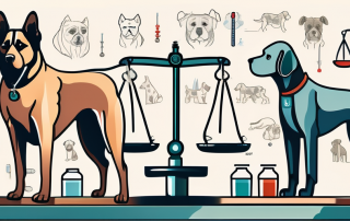 Several different breeds of dogs standing on a balance scale