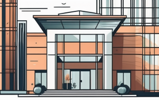 A corporate building with a retirement savings jar on the forefront