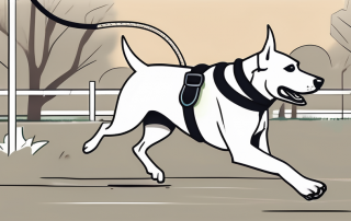 A dog with a leash running in a park