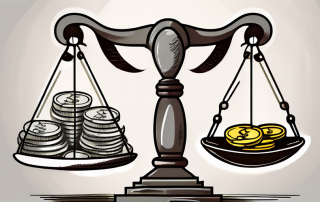 A balanced scale with legal documents on one side and coins on the other