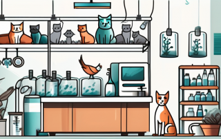 A veterinarian's office with various animals like cats