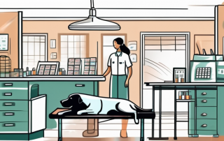 A vet's office with a dog on the examination table