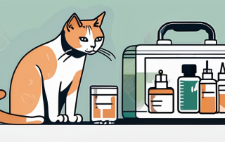 A cat sitting next to a veterinarian's medical kit with a syringe and a vaccine vial