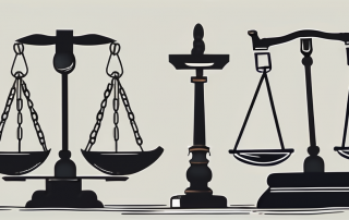 A broken gavel (symbolizing divorce) and a shield (symbolizing insurance) on a balance scale
