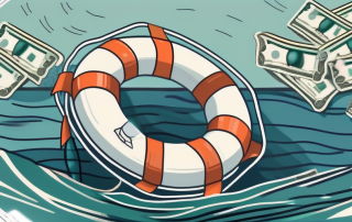 A lifebuoy tied with a ribbon of banknotes floating on a sea