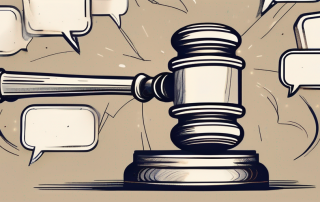 A gavel and a shield (representing insurance) surrounded by speech bubbles (representing forum discussions)