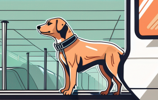 A dog wearing a transportation tag around its neck while standing on an mrt (mass rapid transit) train platform