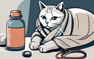 A worried cat wrapped in a blanket sitting next to a bottle of medicine and a stethoscope