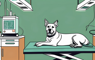 A dog lying on a veterinary operating table with medical equipment around