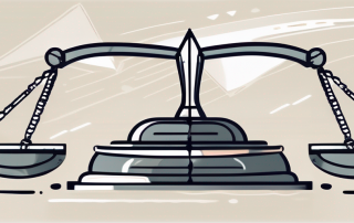 A balance scale with a gavel on one side and a shield on the other