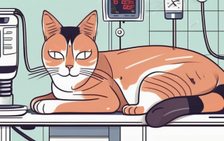A cat lying on a vet's examination table with medical equipment around