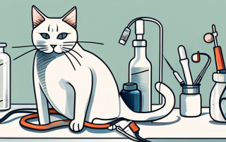 A cat sitting on a vet examination table with various medical tools like a stethoscope and thermometer nearby