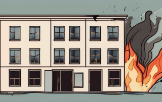 A damaged building with visible signs of fire and water damage