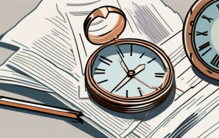 A broken wedding ring surrounded by legal documents and a ticking clock