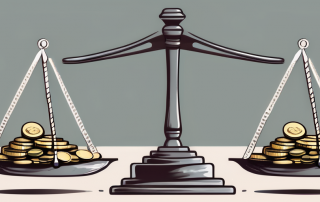 A balanced scale with legal gavel on one side and a pile of coins on the other