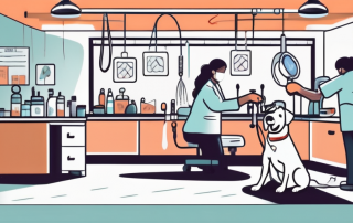 A dog sitting calmly while a vet performs an ear cleaning procedure