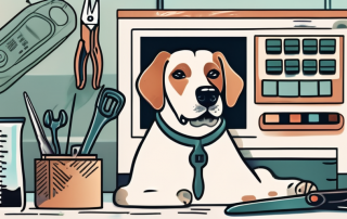 A distressed pet (like a dog or cat) with veterinary tools and a cash register in the background