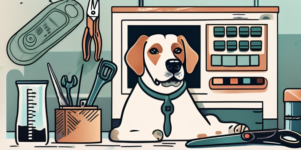 A distressed pet (like a dog or cat) with veterinary tools and a cash register in the background