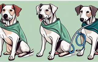 A healthy dog playing with a stethoscope and a surgical mask nearby