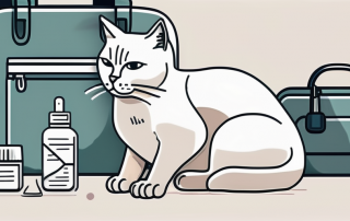 A cat sitting next to a veterinarian's medical bag with a syringe and a bottle of vaccine visible