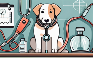 A dog sitting patiently with a stethoscope draped around its neck