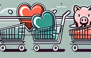 A shopping cart filled with symbolic items such as a shield (representing protection)