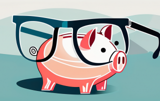 A pair of glasses next to a piggy bank
