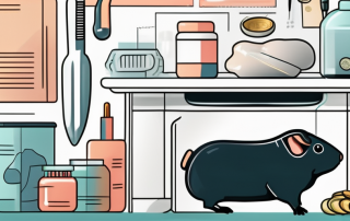 A vet clinic setting with a focus on a guinea pig on an examination table