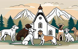 A variety of different dog breeds happily playing in a scenic bavarian landscape