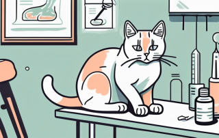 A cat sitting on a vet's examination table with a vaccine syringe nearby